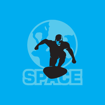 woeld surfing man logo, silhouette of srong man surfing and globe, vector illustrations