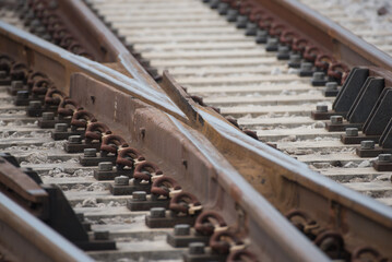 Selective focus of Railway turnout.Close up of crossing railway. 