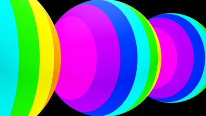 3D rendering. Three colorful spheres with lines that have rainbow colors on a black background. Template for design with spheres of multiple colors pink, purple, blue and green.