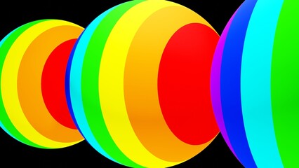 3D rendering. Three-dimensional spheres with a pattern of lines with different colors of the rainbow. Spheres on a dark background.