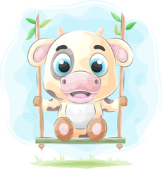 Cute doodle cow playing on a swing with watercolor illustration
