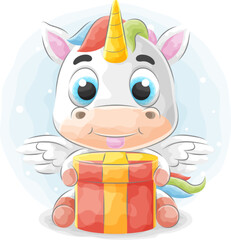 Cute doodle unicorn brings a gift with watercolor illustration