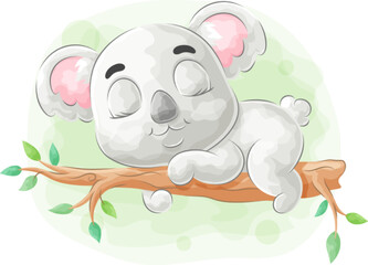 Cute doodle koala sleeping on tree with watercolor illustration