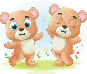 Cute doodle bear with watercolor illustration
