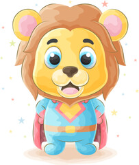 Cute doodle lion wearing superhero suit with watercolor illustration