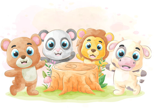 Cute animal friends with watercolor illustration