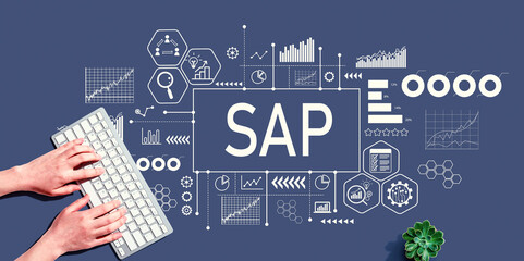 SAP - Business process automation software theme with person using a computer keyboard - obrazy, fototapety, plakaty