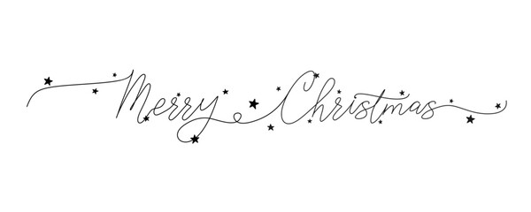 Merry Christmas hand lettering quote with wavy lines. Black festive continuous handwritten inscription with small stars on a white background. Single line art. Vector design template for greeting card