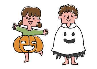 カボチャとお化けのコスプレをした子供　ハロウィンのパーティに参加する子供（カラー）