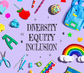 Diversity, Equity and Inclusion theme with school supplies on a purple background - flat lay