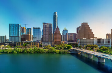 Fototapeta na wymiar Downtown Austin Texas skyline with view of the Colorado river