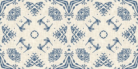 French blue floral french printed fabric border pattern for shabby chic home decor trim. Rustic farm house country cottage flower linen endless tape. Patchwork quilt effect ribbon edge.