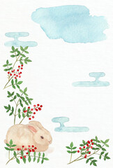 2023年　年賀状　和風水彩うさぎ絵　縦　文字無し