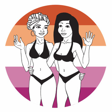  Two women together with a circular background in the colors of the lesbian flag. Vector illustration on white background.