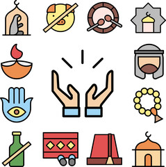 Paying hands Ramadan icon in a collection with other items