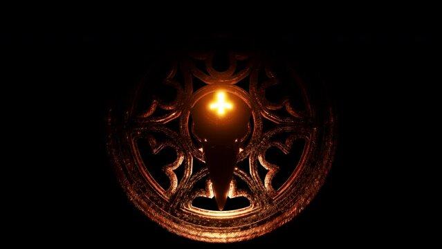 Gothic Raven Skull VJ Loop - gothic architectural pattern of ancient round window with bird skull in center and flashing cross on forehead. his motion graphics is perfect to use in your next halloween
