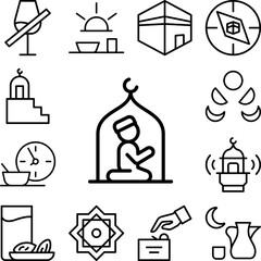 Muslim man praying mosque icon in a collection with other items