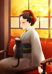 目を閉じた着物の女性