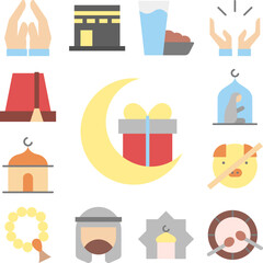 Gift box Ramadan moon icon in a collection with other items