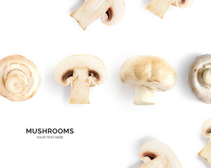 Creative layout made of mushrooms. Flat lay. Food concept. champignon on the white background.