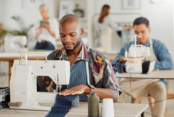 Fashion, design and stylist or a young designer working with sewing machine. Busy, creative...