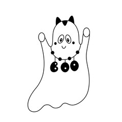 Vector cute spooky ghost with black cat ears and a necklace with letters Boo.Doodle style.Halloween cartoon design element.Outline. Isolated on white background.
