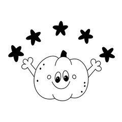 Vector doodle cute smiling pumpkin with stars. Festive childish happy halloween design element.Outline.Isolated on white background.