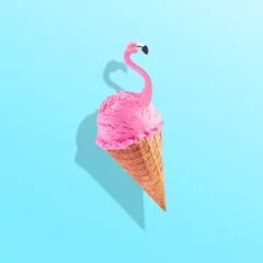 Foto op Canvas Pink flamingo in ice cream waffle cone. Minimal abstract caribbean concept of summer and vacation in the tropics by the sea, a trendy collage on a blue background.Creative art minimal aesthetic © Vidic Bojan