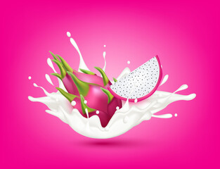 Dragon Fruit milk yogurt splashing isolated on pink background. Health concept. Realistic 3d vector illustration. Can used for product design advertising beverage and food products.