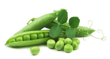 Peas isolated. Fresh green peas and pea kernels with leaves on a white background.