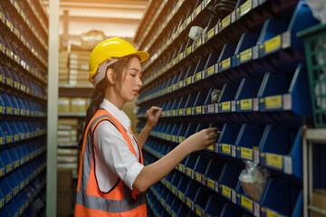 Portrait Asian women staff worker Standing counting and inspecting products in the warehouse.