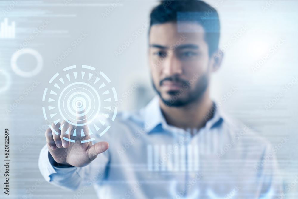 Poster Businessman working on digital interface. Young male using artificial intelligence, internet and networking technology. Virtual transformation of man with advanced workforce skills in the workplace.