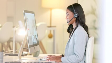 Female call center support agent working, consulting and helping with online IT tech. Ecommerce or customer services professional talking with a headset and giving virtual assistance to website user