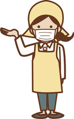 案内しているマスクにエプロン姿の女性。こちらへどうぞ。	