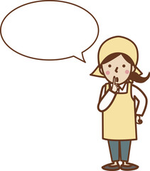 口元に指を当てるエプロン姿の女性。お静かに。