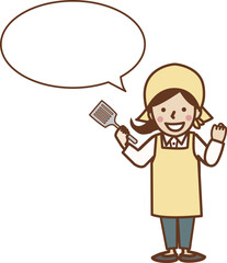 フライ返し持つエプロン姿の笑顔の女性。