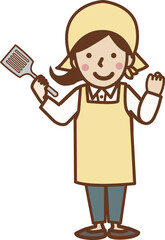 フライ返しを持ち、ガッツポーズをするエプロン姿の笑顔の女性。