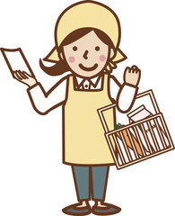 買い物リストと買い物かごを持っているエプロン姿の女性。