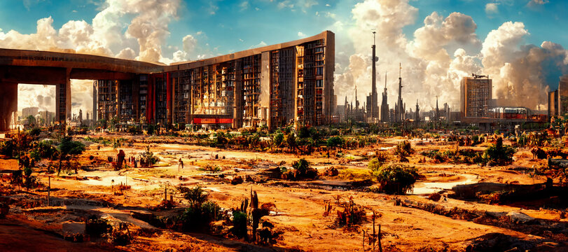 A monumental building is standing next to an utopian city in subsahara africa. Futuristic concept work of futuristic vision of the future showing brutalism in architectural design