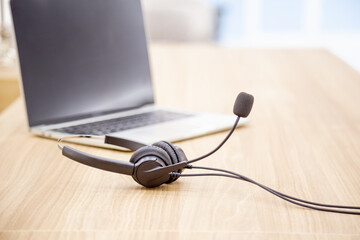 Headset and customer support equipment at call center service.