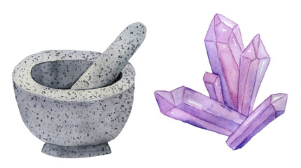 Watercolor hand drawn illsutration of gray mortar pestle and purple crystal. Witch halloween occult magic tools for witchcraft potion brew, wizard mystery concept. - obrazy, fototapety, plakaty
