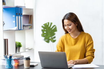 Portrait of smile beautiful business asian woman working office desk computer. Small business sme people employee freelance online startup marketing designer telemarketing successful.