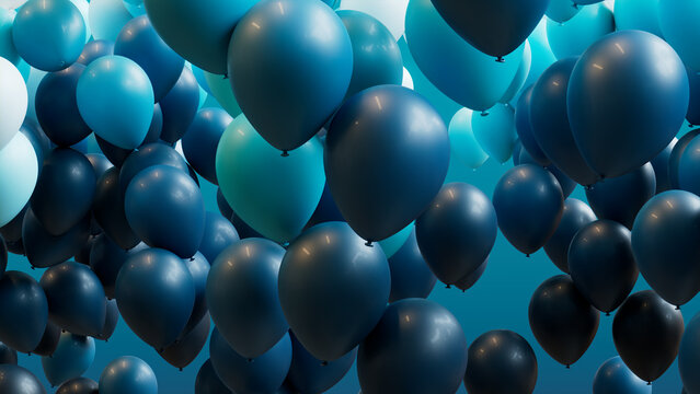 Fototapeta Blue, Aqua and White Balloons Floating in the Air. Youthful, Birthday Background.