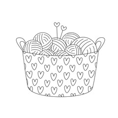 Doodle Skeins of Wool Yarn and Needles in a Knitting Basket. Vector Flat Illustration, Isolated, Cartoon, Clipart.