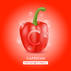 Fresh capsicum with letter c and bubbles. Fruit rich of high vitamins minerals for health supplement. 3D Realistic on red background. For nutrition products food. Medical healthy concepts. Vector.