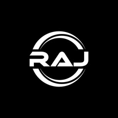 RAJ letter logo design with black background in illustrator, vector logo modern alphabet font overlap style. calligraphy designs for logo, Poster, Invitation, etc. - obrazy, fototapety, plakaty