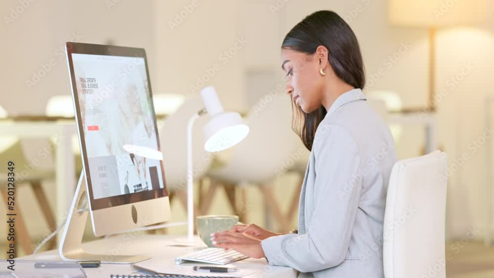 Poster Female web designer typing on a computer and comparing graphic notes to a screen. Website creative planner planning an app development template design for good user experience working in an office