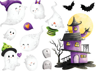 Watercolor Illustration set of Cute Ghost and Haunted house