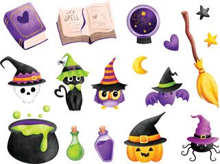 Watercolor Illustration set of Halloween witch elements