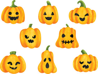 Watercolor Illustration set of Halloween Pumpkin with funny expression 